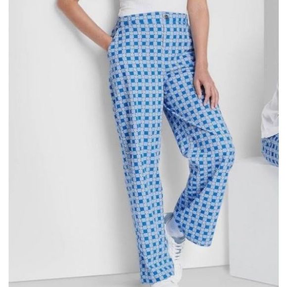 Wild Fable Women's Size XL Plaid High Rise Ankle Flare Pants Blue Floral Daisy - Picture 1 of 4